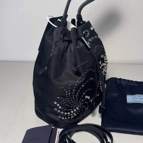 Prada Black Re-Nylon Embroidered Mini Bucket Bag - Picture 7 of 9